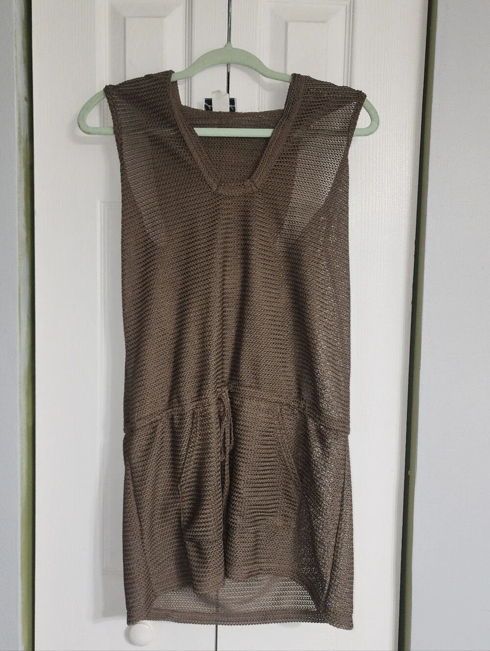 Sleeveless Mesh Brown Knit Hooded Swimwear Cover-up